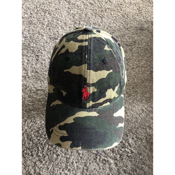 Polo Ralph Lauren Cap Camo Green Strap Back Adjustable Hat Red Pony OSFA - Picture 1 of 11